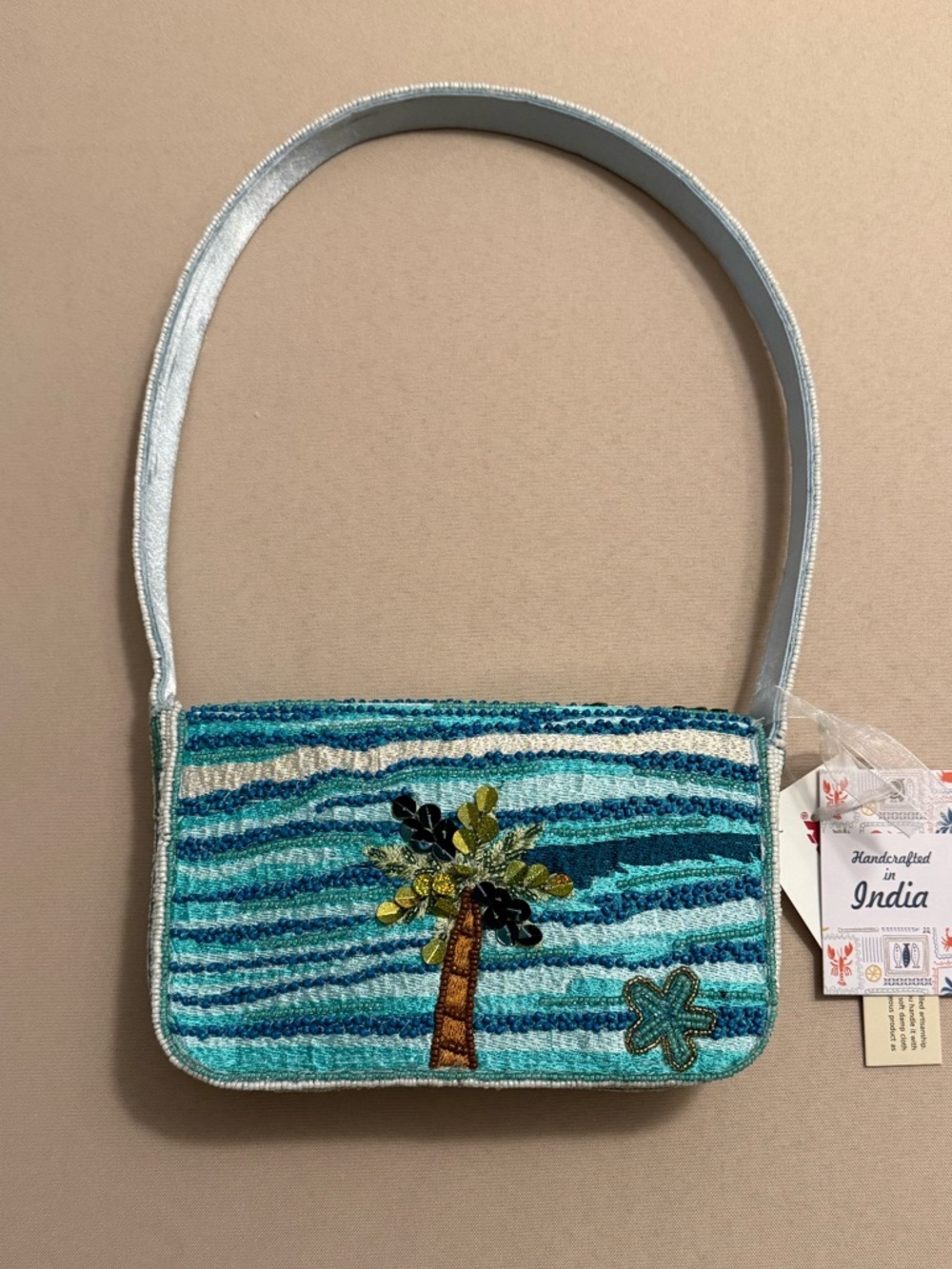 India Beaded Bag Turquoise Ocean Beach Surf Boards & Palm Tree - Picture 2 of 9